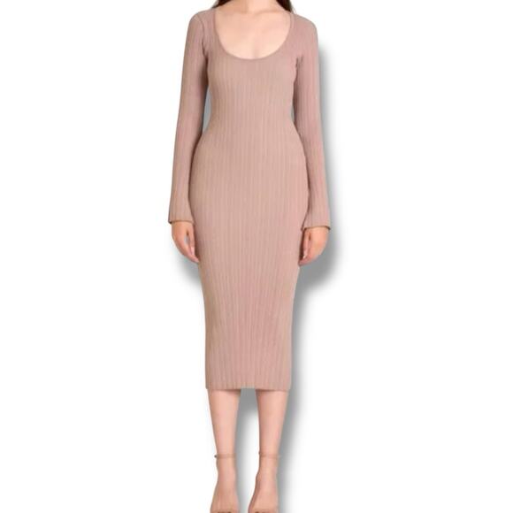NWOT WAYF Size M Alexi Beige Long Sleeve Ribbed Belted Midi Bodycon Dress $99 - Picture 1 of 6